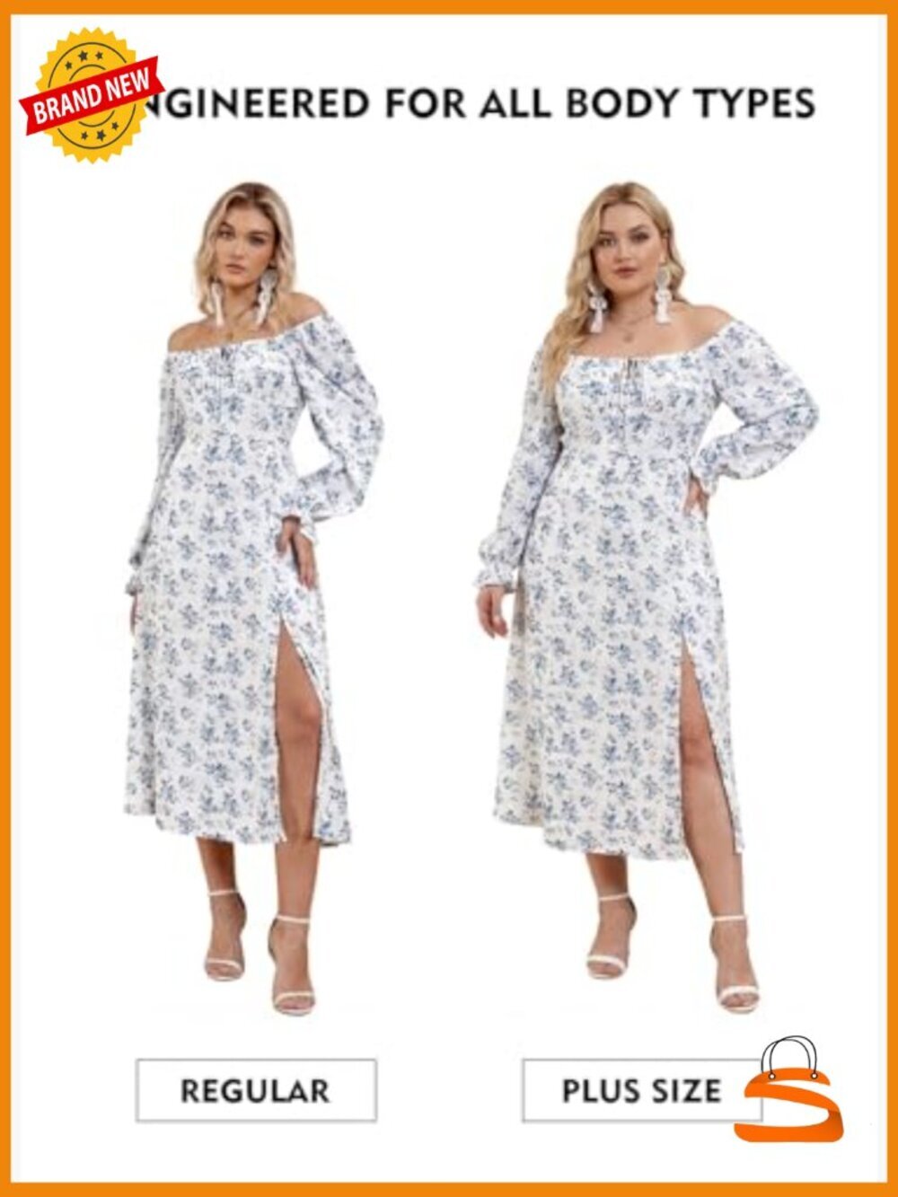 Square Neck Long Sleeve Boho Floral Midi Dress Side Split - Picture 6 of 7
